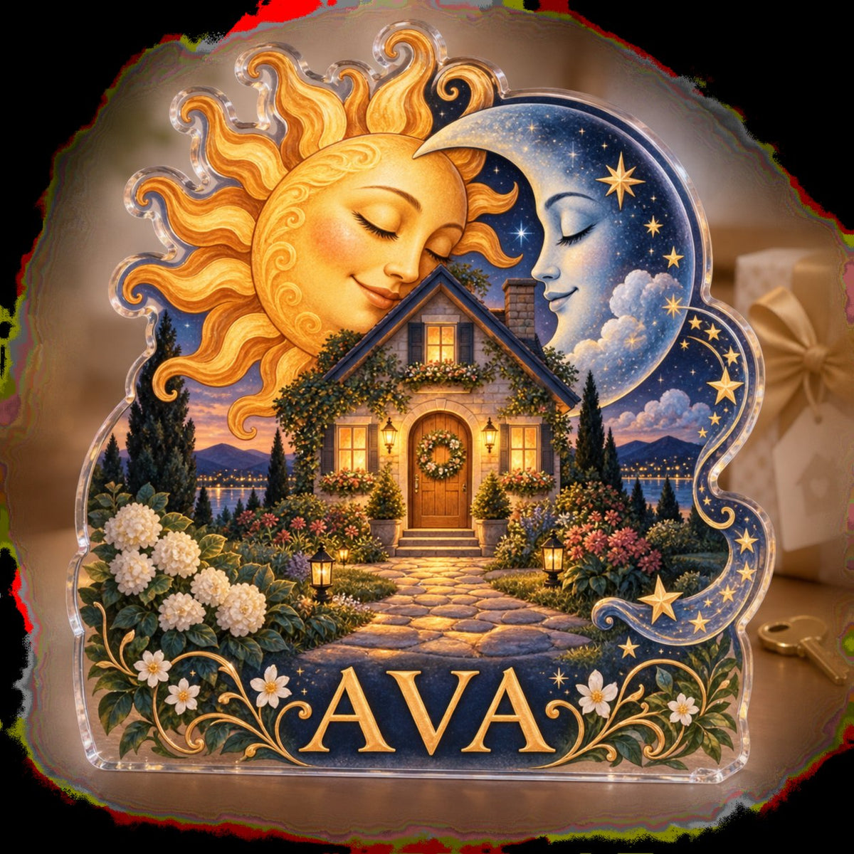 Personalized Sun & Moon Housewarming custom shape acrylic plaque with an example name set into the artwork, digital preview