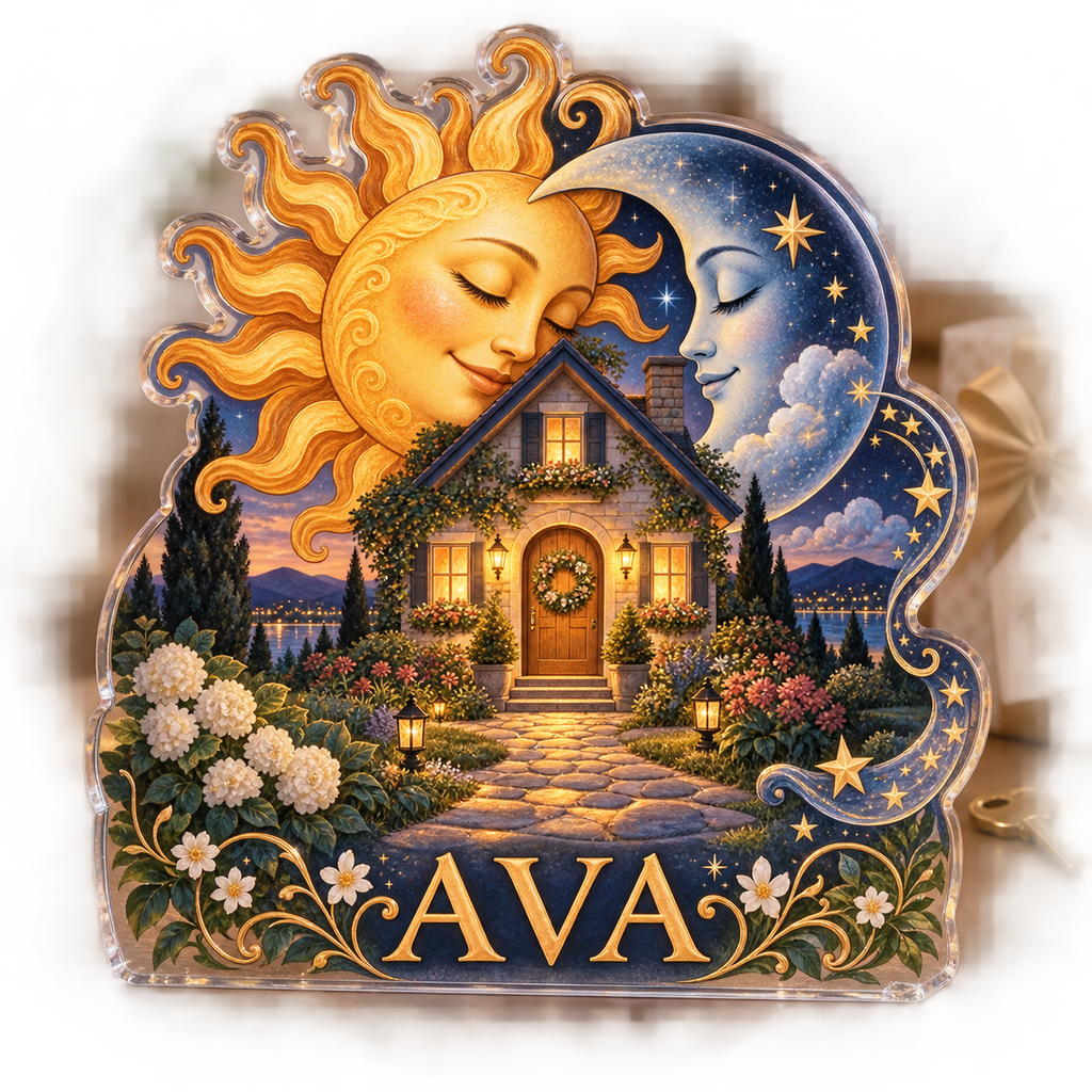 Personalized Sun & Moon Housewarming custom shape acrylic plaque with an example name set into the artwork, digital preview