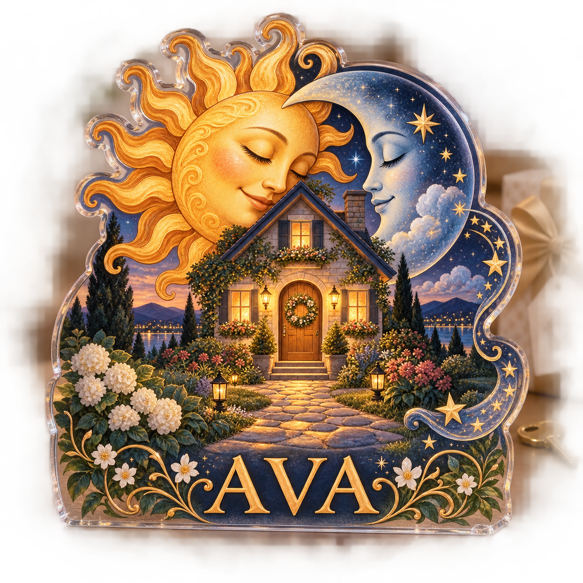 Personalized Sun & Moon Housewarming custom shape acrylic plaque with an example name set into the artwork, digital preview