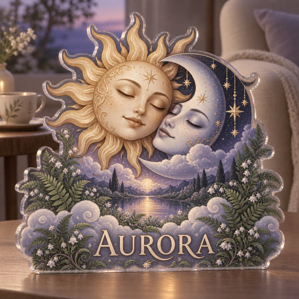 Personalized Sun & Moon Quiet Corner Decoration custom shape acrylic plaque with an example name set into the artwork, digital preview