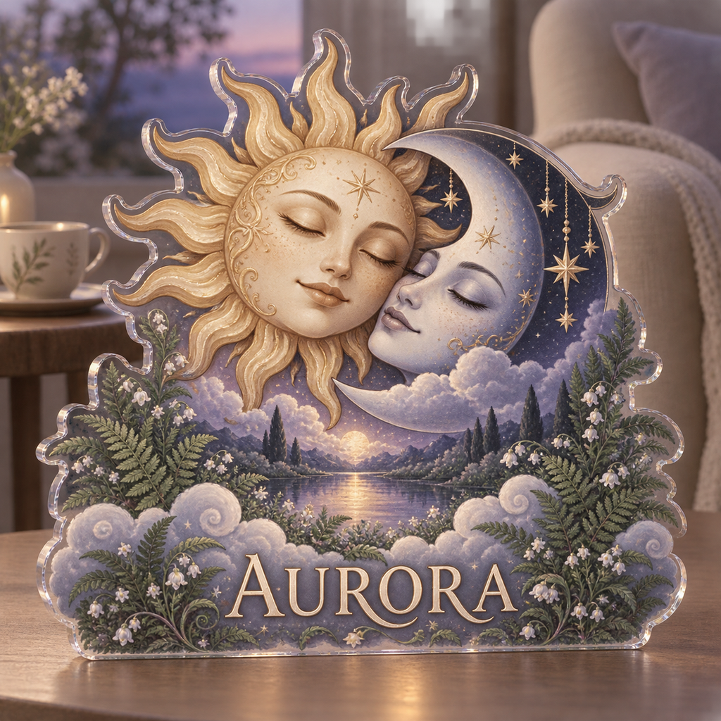 Personalized Sun & Moon Quiet Corner Decoration custom shape acrylic plaque with an example name set into the artwork, digital preview