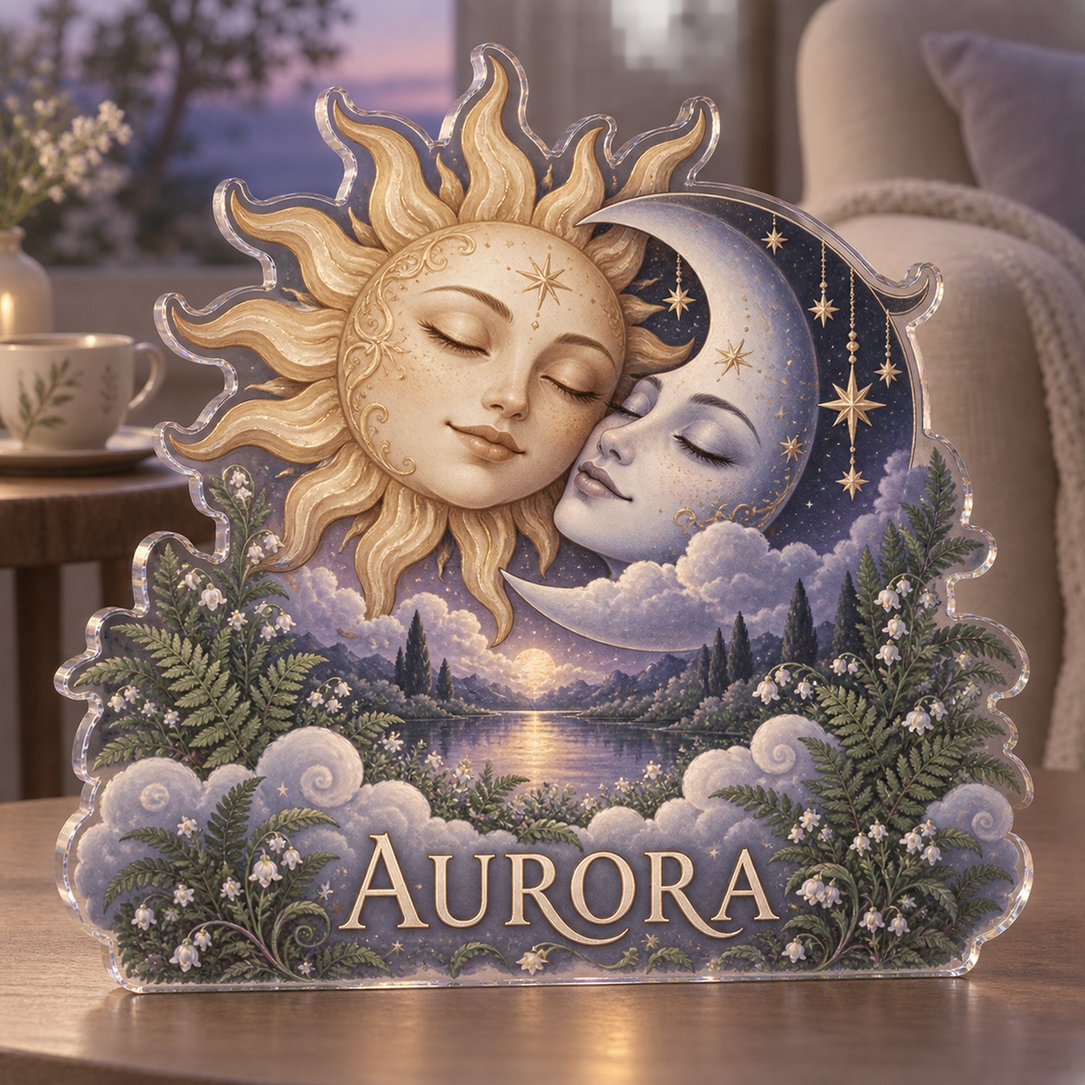 Personalized Sun & Moon Quiet Corner Decoration custom shape acrylic plaque with an example name set into the artwork, digital preview