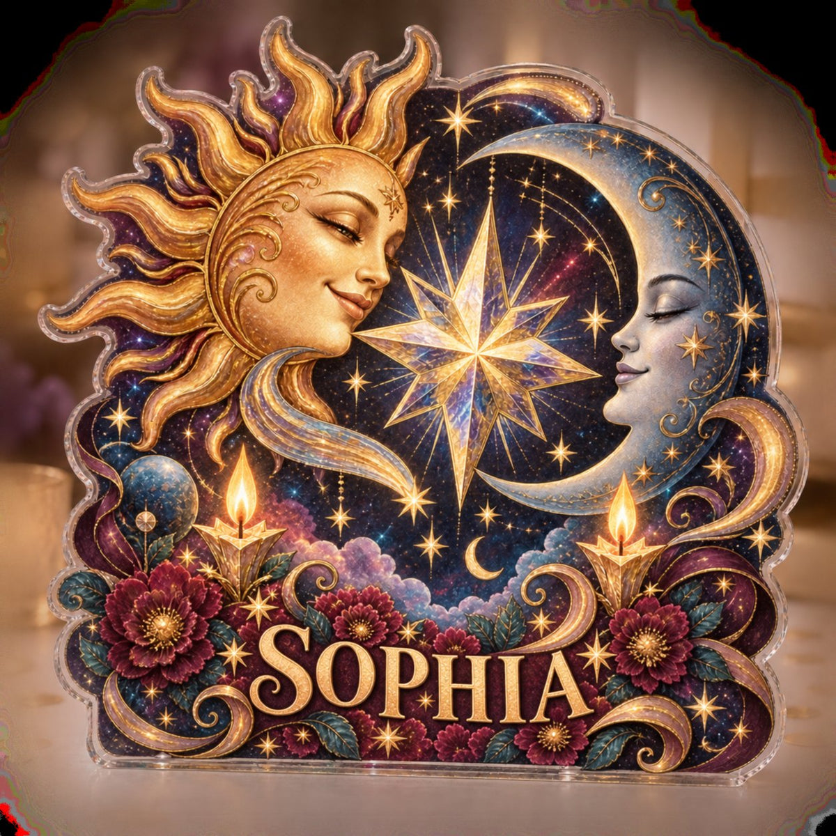 Personalized Sun & Moon Collector Birthday Keepsake custom shape acrylic plaque with an example name set into the artwork, digital preview