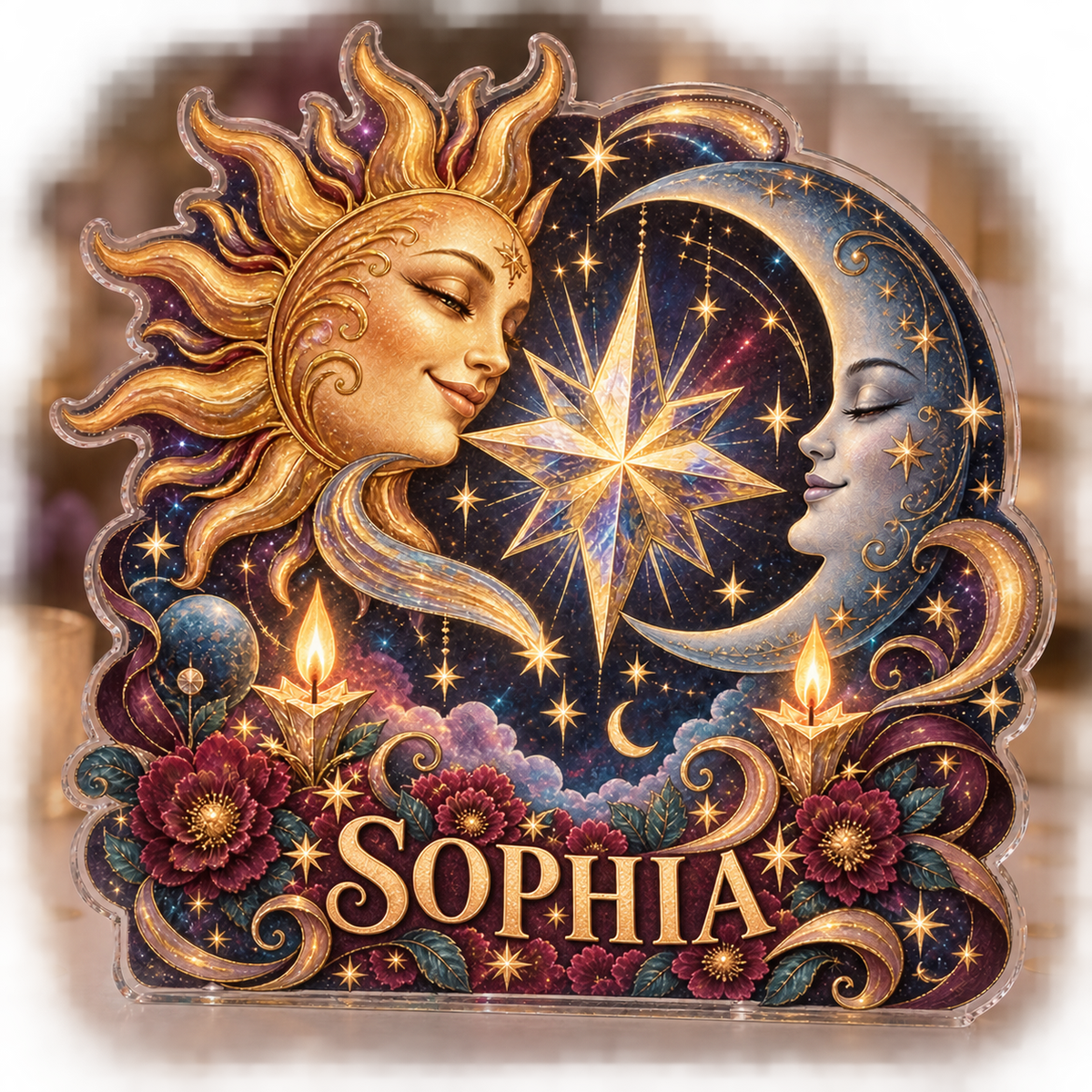 Personalized Sun & Moon Collector Birthday Keepsake custom shape acrylic plaque with an example name set into the artwork, digital preview