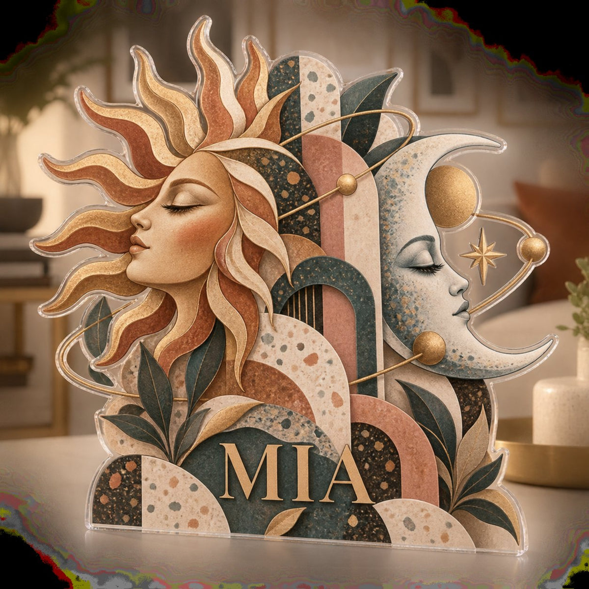 Personalized Sun & Moon Apartment Gallery Wall custom shape acrylic plaque with an example name set into the artwork, digital preview