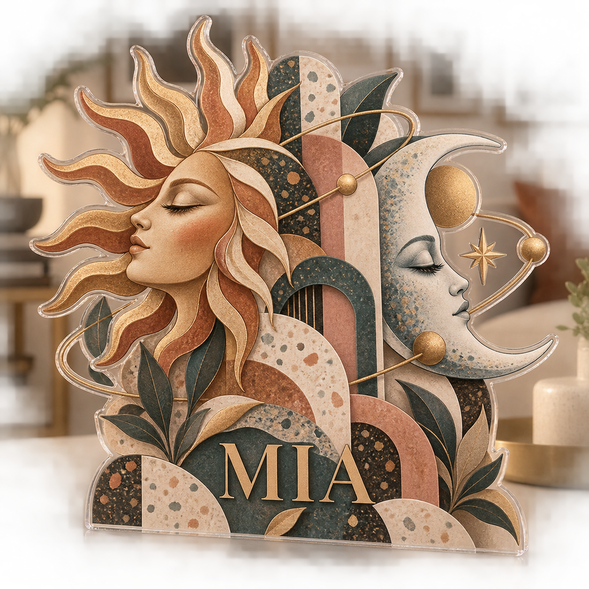 Personalized Sun & Moon Apartment Gallery Wall custom shape acrylic plaque with an example name set into the artwork, digital preview