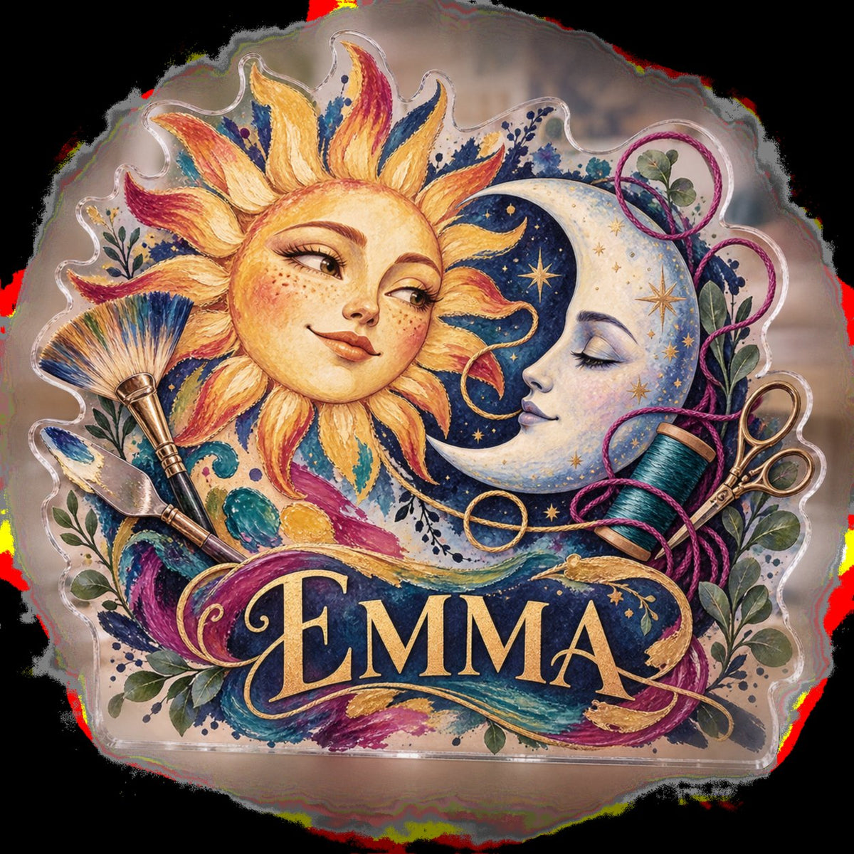 Personalized Sun & Moon Hobby Studio Identity custom shape acrylic plaque with an example name set into the artwork, digital preview