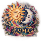 Personalized Sun & Moon Hobby Studio Identity custom shape acrylic plaque with an example name set into the artwork, digital preview