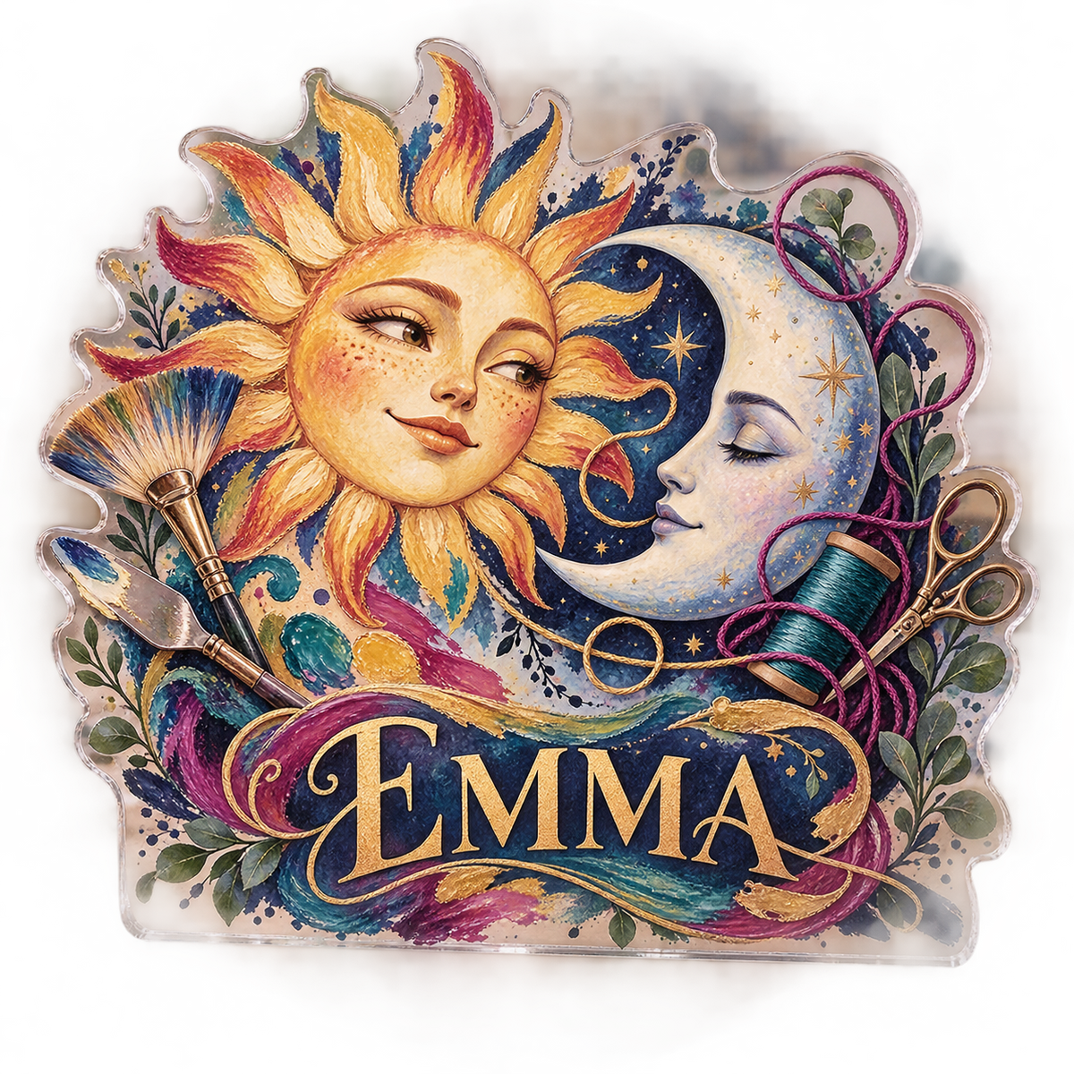 Personalized Sun & Moon Hobby Studio Identity custom shape acrylic plaque with an example name set into the artwork, digital preview