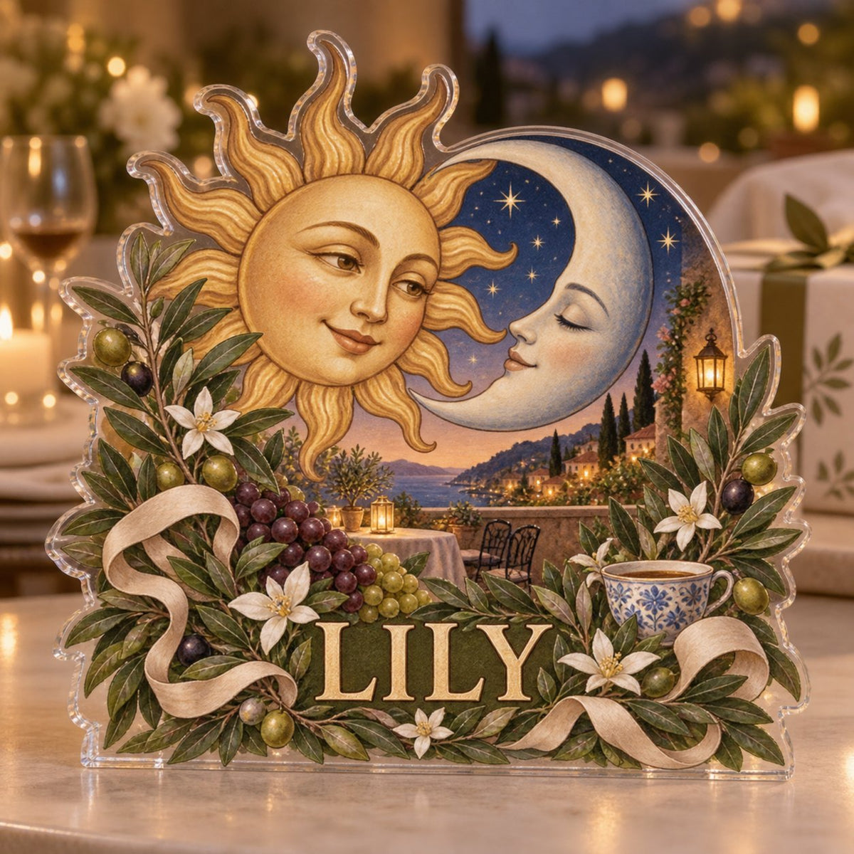 Personalized Sun & Moon Host Thank You Gift custom shape acrylic plaque with an example name set into the artwork, digital preview