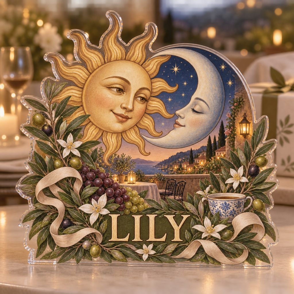 Personalized Sun & Moon Host Thank You Gift custom shape acrylic plaque with an example name set into the artwork, digital preview