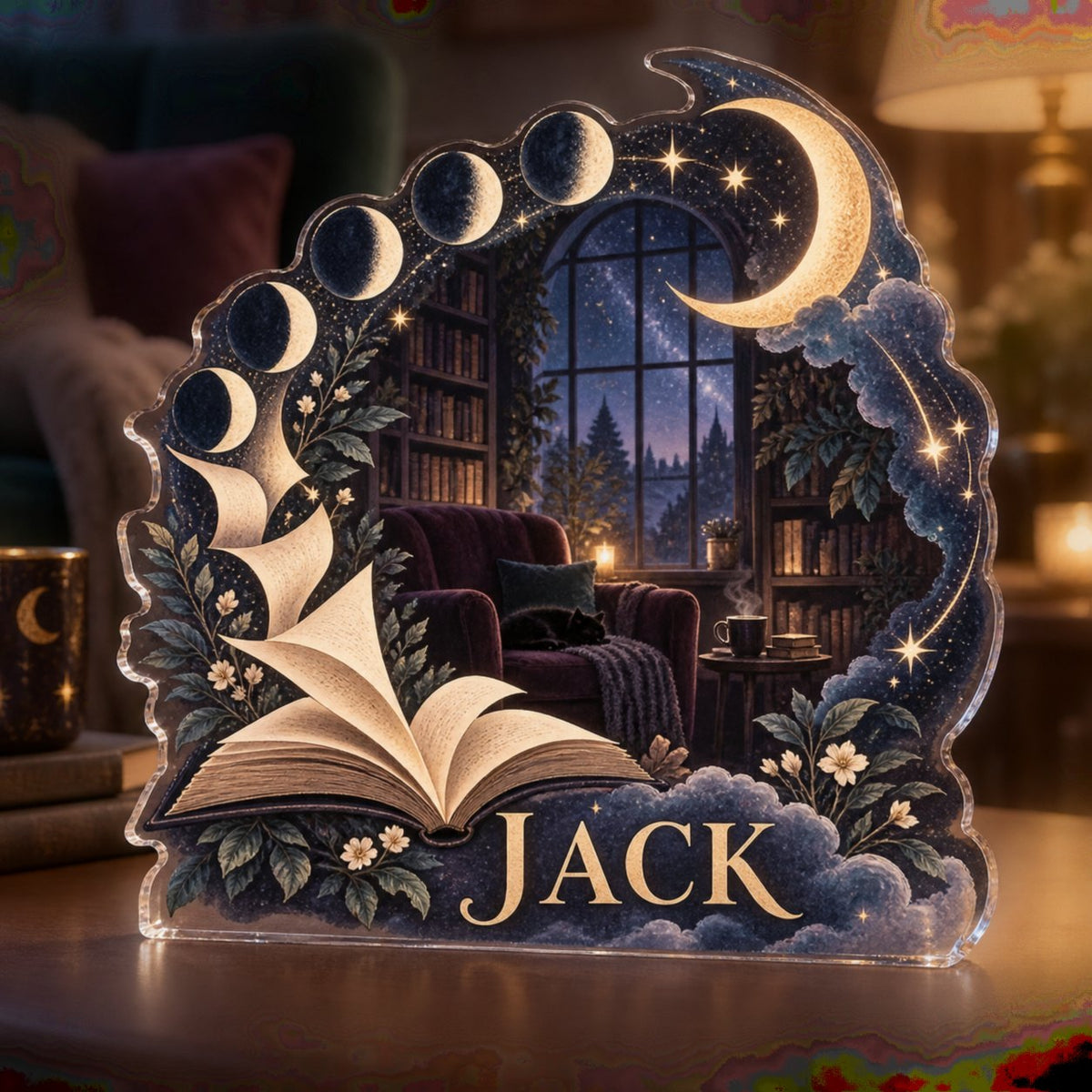 Personalized Moon Phase Circle — Reading Nook Decor custom shape acrylic plaque with an example name set into the artwork, digital preview