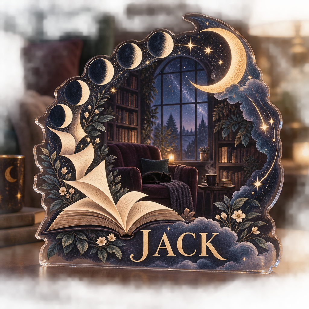 Personalized Moon Phase Circle — Reading Nook Decor custom shape acrylic plaque with an example name set into the artwork, digital preview