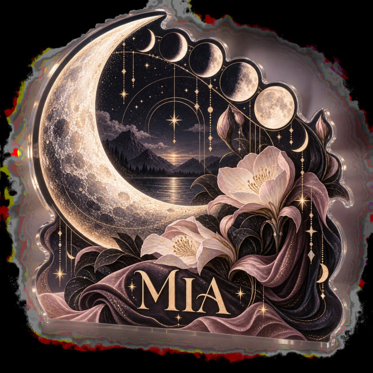 Personalized Moon Phase Circle Bedroom Statement Decor custom shape acrylic plaque with an example name set into the artwork, digital preview