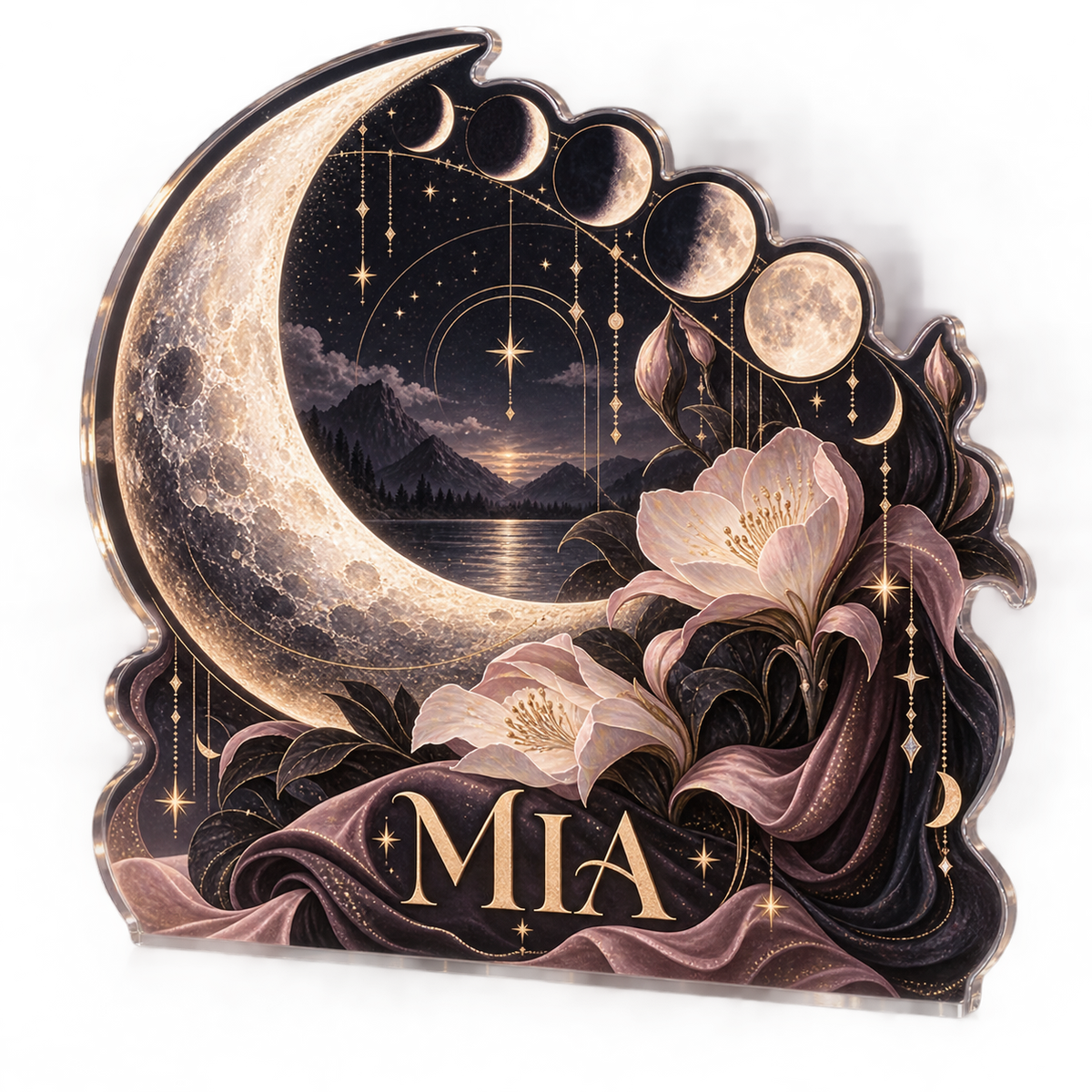 AI design mockup: Moon phase circle — bedroom statement decor, personalized MIA, subject-shaped acrylic with printed optical 3D depth; not carved relief.