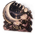 AI design mockup: Moon phase circle — bedroom statement decor, personalized MIA, subject-shaped acrylic with printed optical 3D depth; not carved relief.