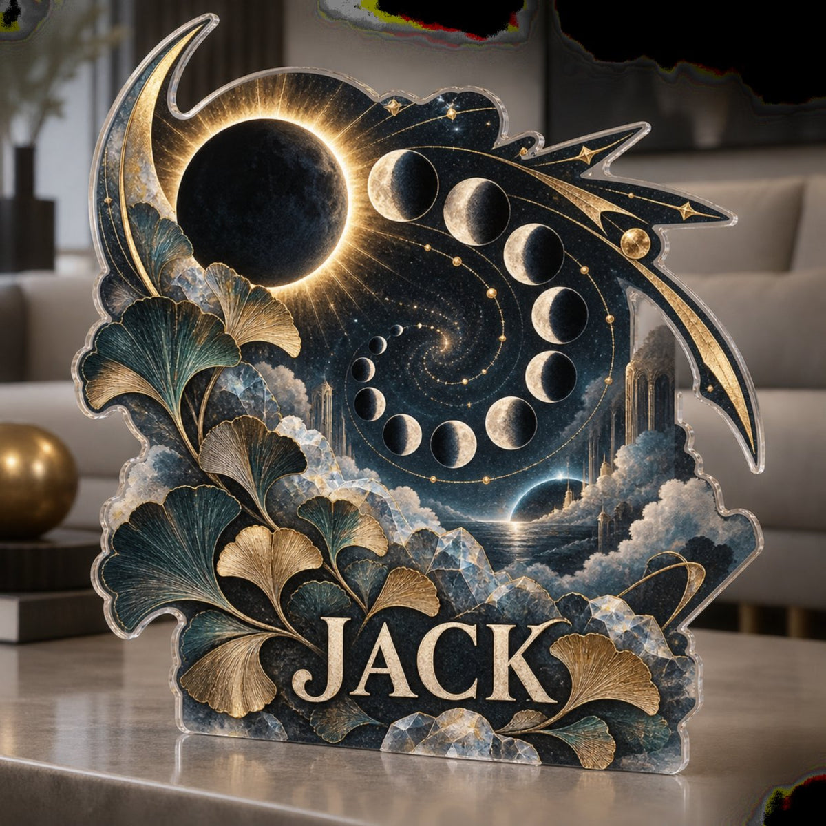 Personalized Moon Phase Circle Living Room Focal Point custom shape acrylic plaque with an example name set into the artwork, digital preview