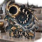 AI design mockup: Moon phase circle — living room focal point, personalized JACK, subject-shaped acrylic with printed optical 3D depth; not carved relief.