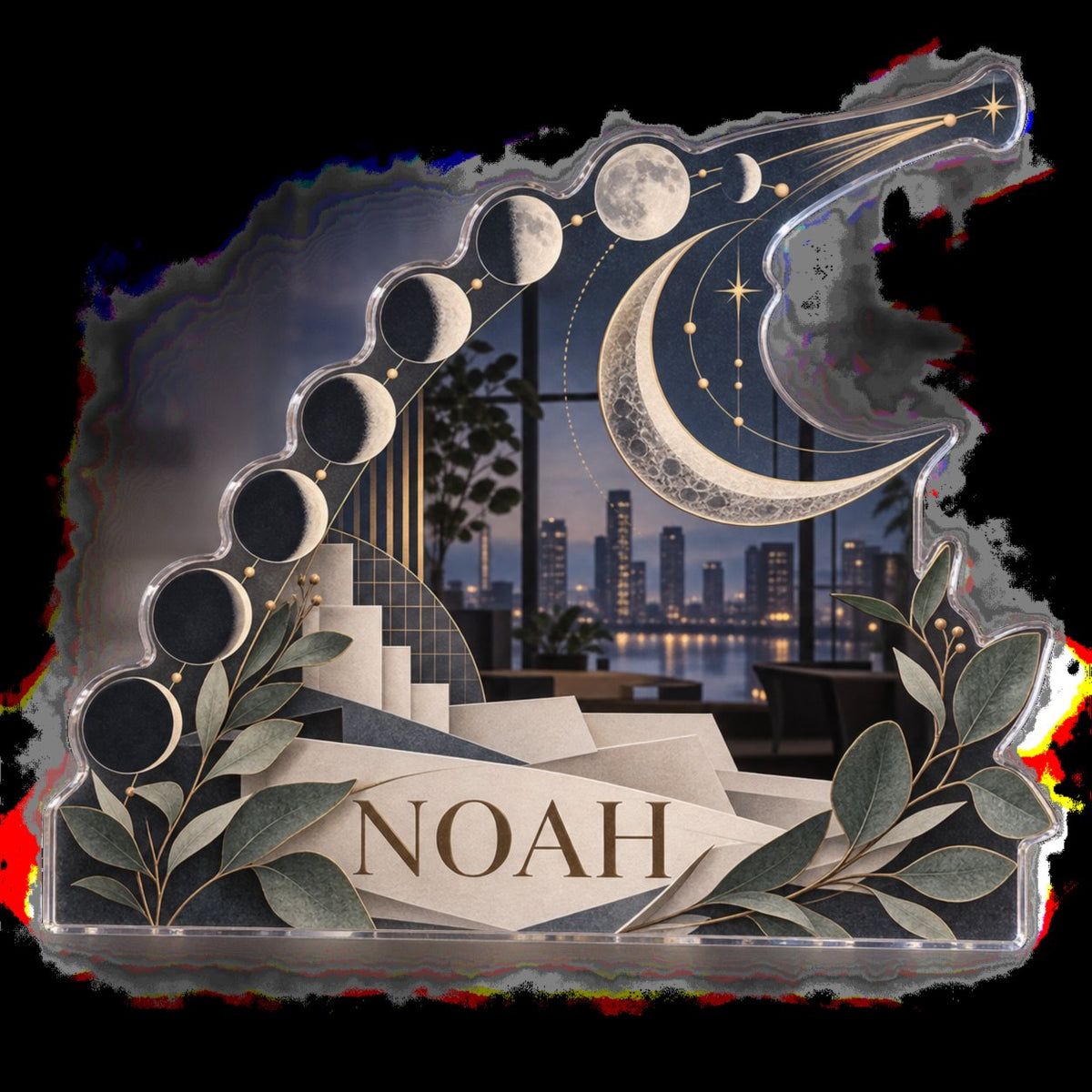 Personalized Moon Phase Circle Home Office Backdrop custom shape acrylic plaque with an example name set into the artwork, digital preview