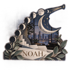 AI design mockup: Moon phase circle — home office backdrop, personalized NOAH, subject-shaped acrylic with printed optical 3D depth; not carved relief.