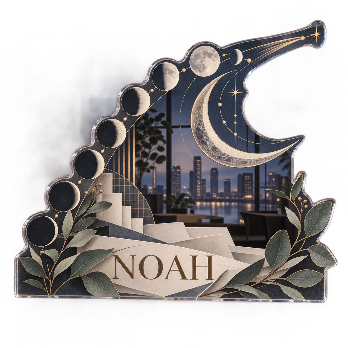 AI design mockup: Moon phase circle — home office backdrop, personalized NOAH, subject-shaped acrylic with printed optical 3D depth; not carved relief.