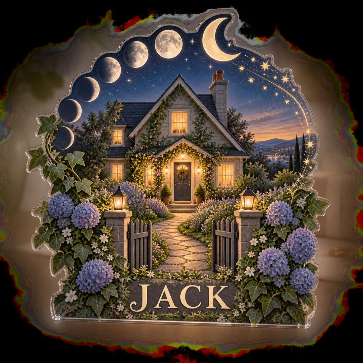 Personalized Moon Phase Circle Housewarming custom shape acrylic plaque with an example name set into the artwork, digital preview