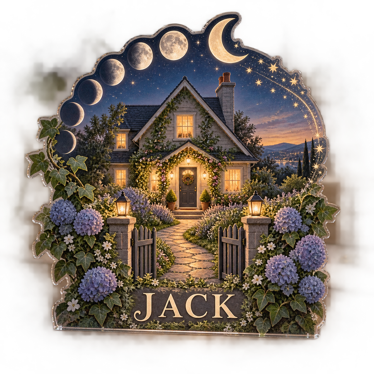 AI design mockup: Moon phase circle — personalized housewarming, personalized JACK, subject-shaped acrylic with printed optical 3D depth; not carved relief.