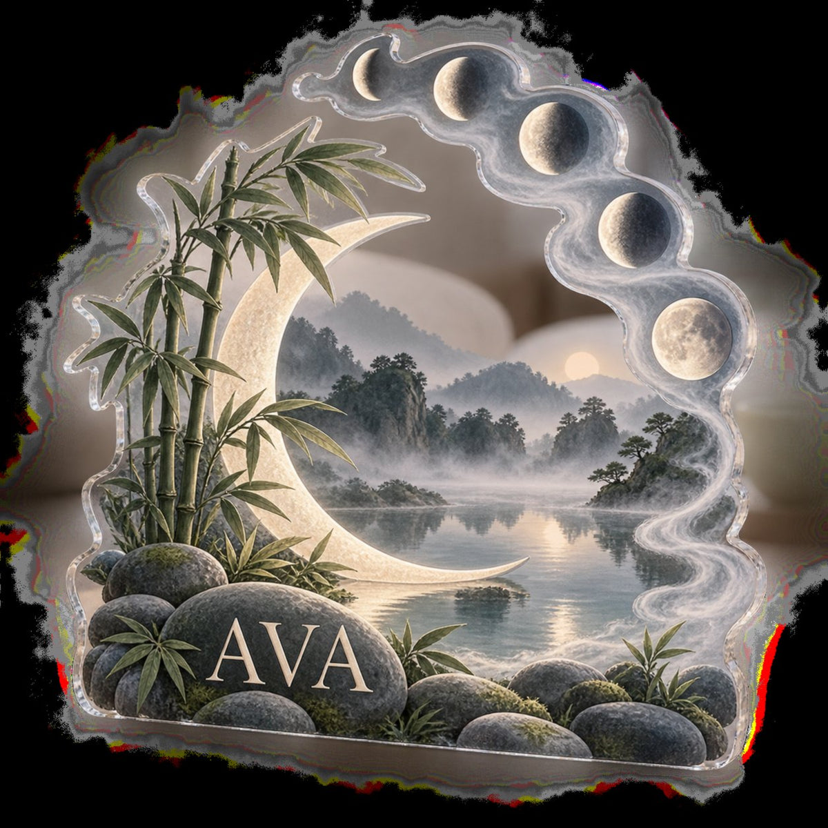 Personalized Moon Phase Circle Quiet Corner Decoration custom shape acrylic plaque with an example name set into the artwork, digital preview
