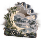 AI design mockup: Moon phase circle — quiet corner decoration, personalized AVA, subject-shaped acrylic with printed optical 3D depth; not carved relief.