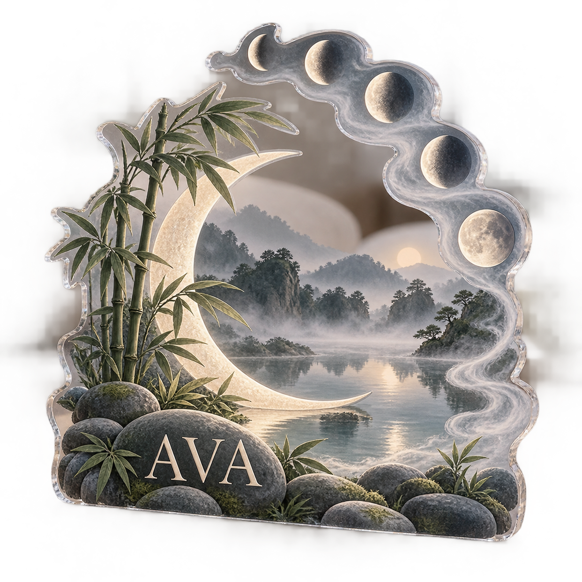 AI design mockup: Moon phase circle — quiet corner decoration, personalized AVA, subject-shaped acrylic with printed optical 3D depth; not carved relief.