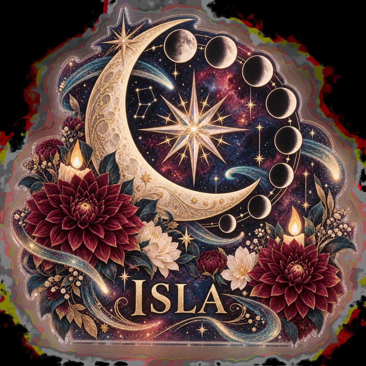 Personalized Moon Phase Circle Collector Birthday Keepsake custom shape acrylic plaque with an example name set into the artwork, digital preview