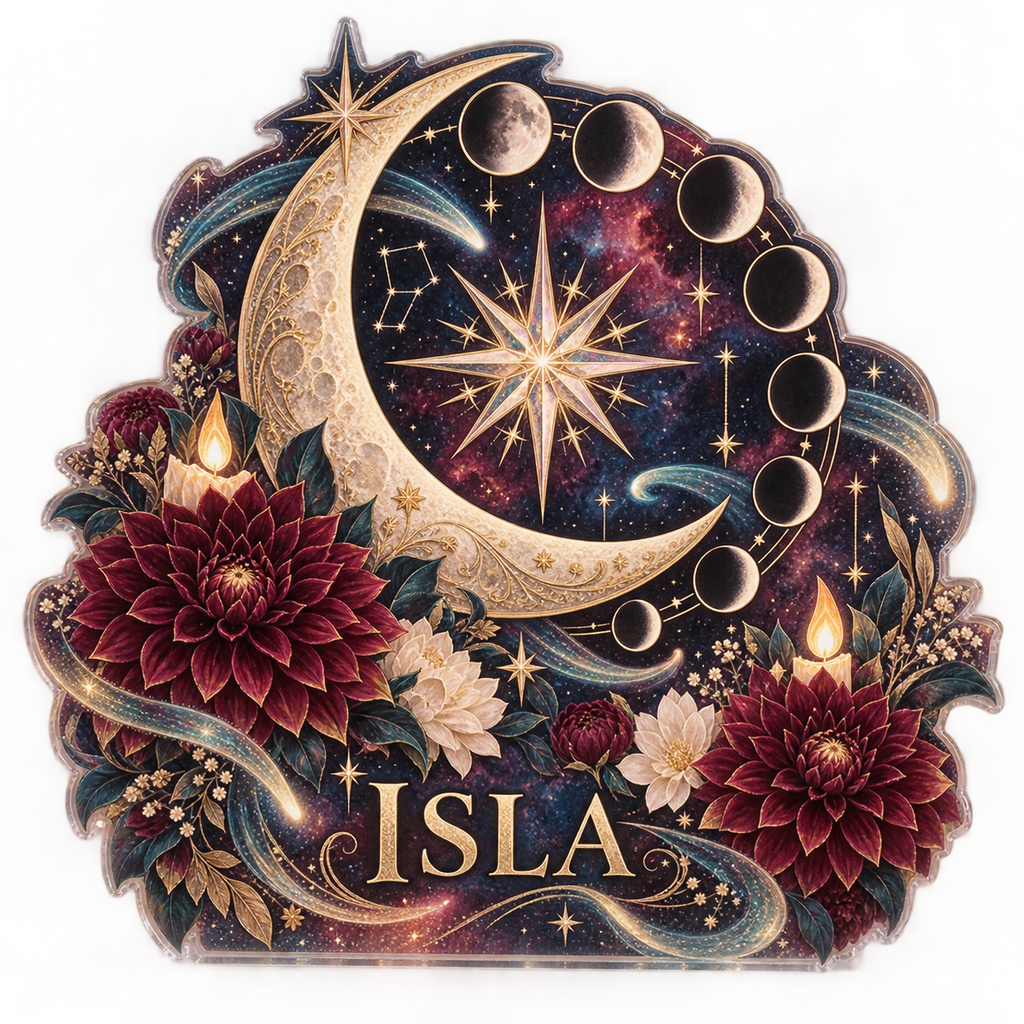 AI design mockup: Moon phase circle — collector birthday keepsake, personalized ISLA, subject-shaped acrylic with printed optical 3D depth; not carved relief.