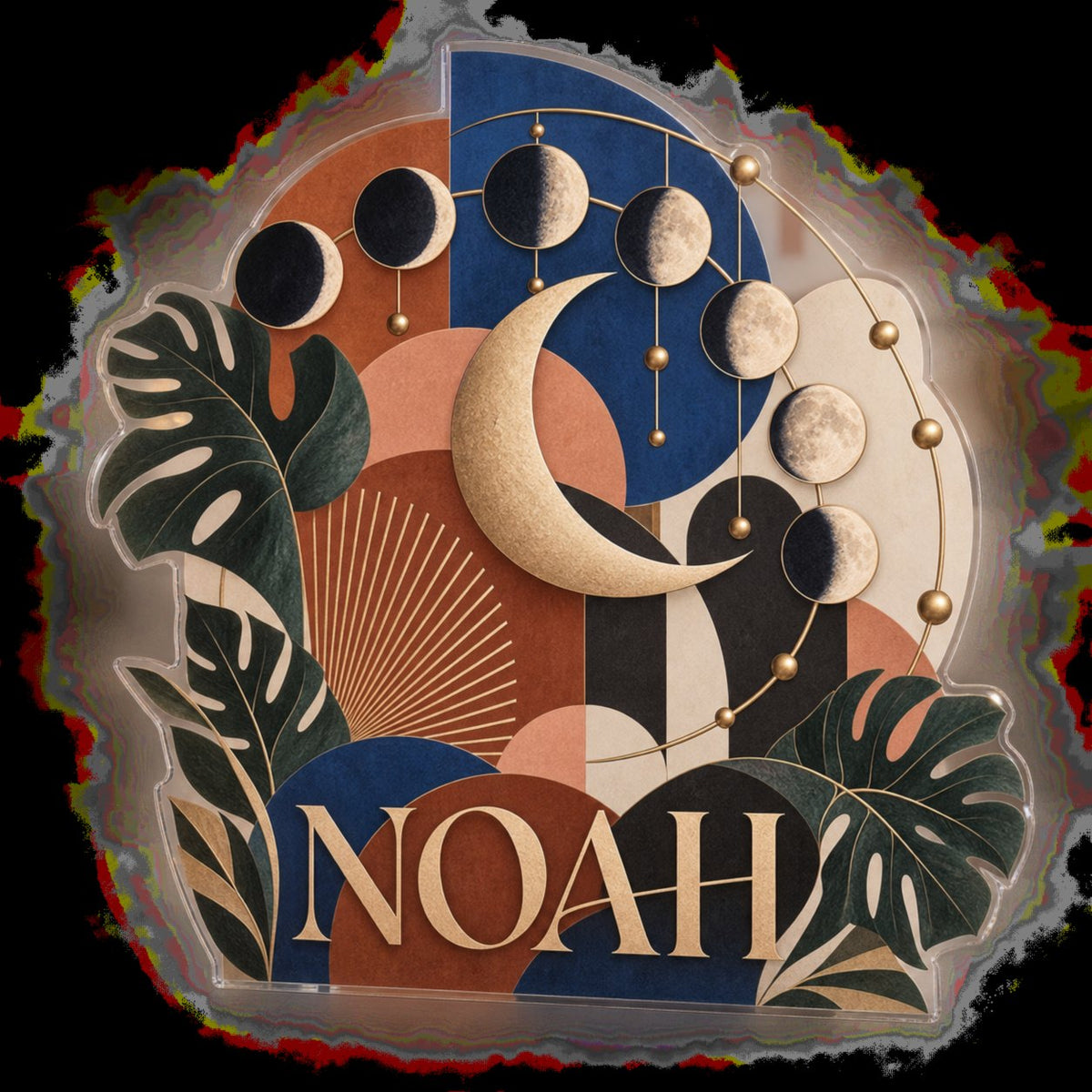Personalized Moon Phase Circle Apartment Gallery Wall custom shape acrylic plaque with an example name set into the artwork, digital preview