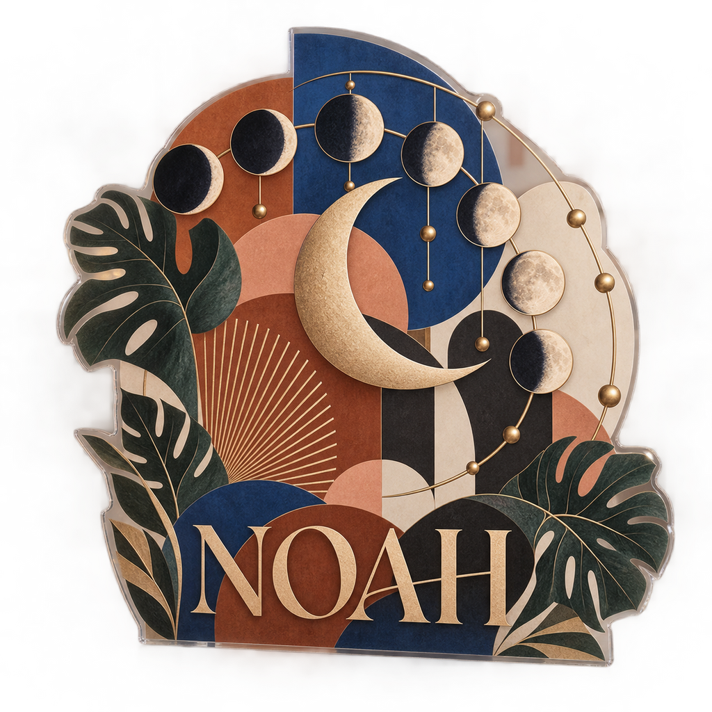 AI design mockup: Moon phase circle — apartment gallery wall, personalized NOAH, subject-shaped acrylic with printed optical 3D depth; not carved relief.