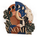 AI design mockup: Moon phase circle — apartment gallery wall, personalized NOAH, subject-shaped acrylic with printed optical 3D depth; not carved relief.