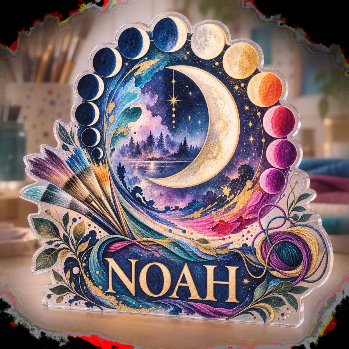Personalized Moon Phase Circle Hobby Studio Identity custom shape acrylic plaque with an example name set into the artwork, digital preview