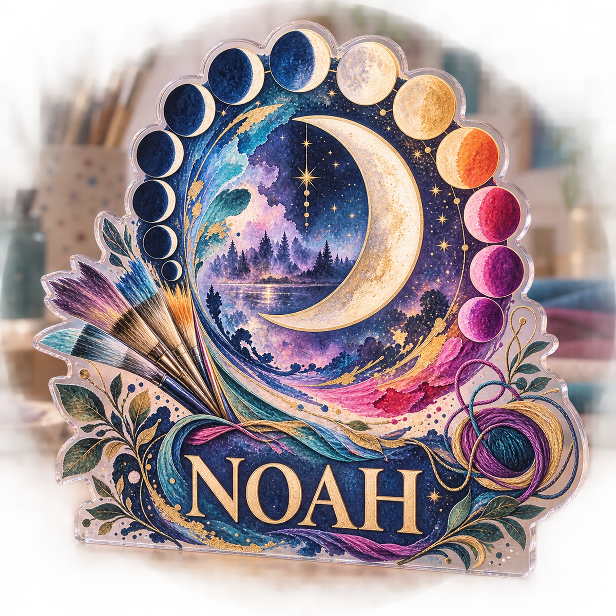 AI design mockup: Moon phase circle — hobby studio identity, personalized NOAH, subject-shaped acrylic with printed optical 3D depth; not carved relief.