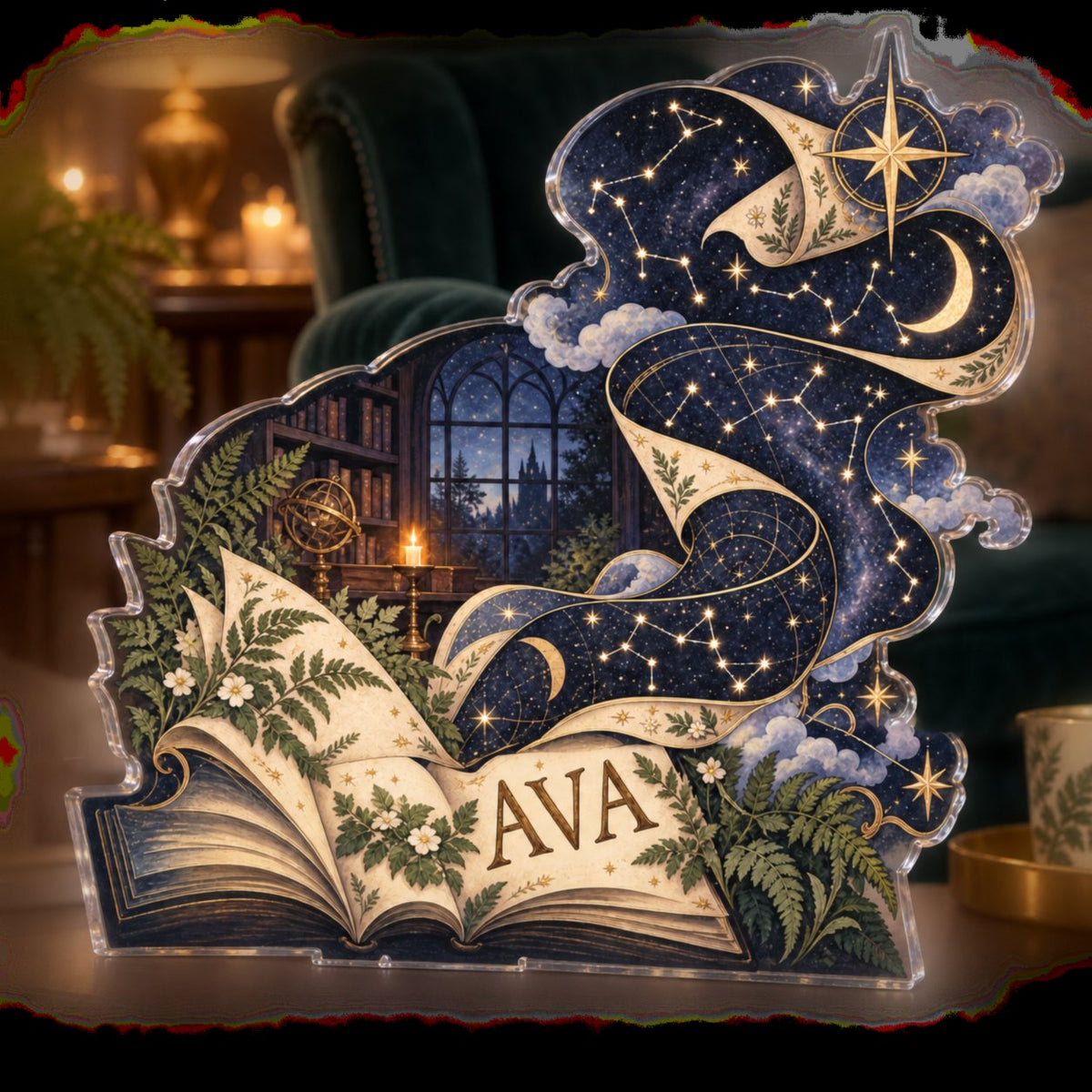 Personalized Constellation Map Reading Nook Decor custom shape acrylic plaque with an example name set into the artwork, digital preview