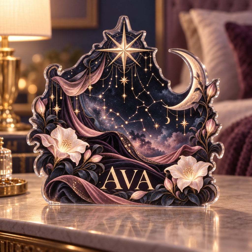 Personalized Constellation Map Bedroom Statement Decor custom shape acrylic plaque with an example name set into the artwork, digital preview