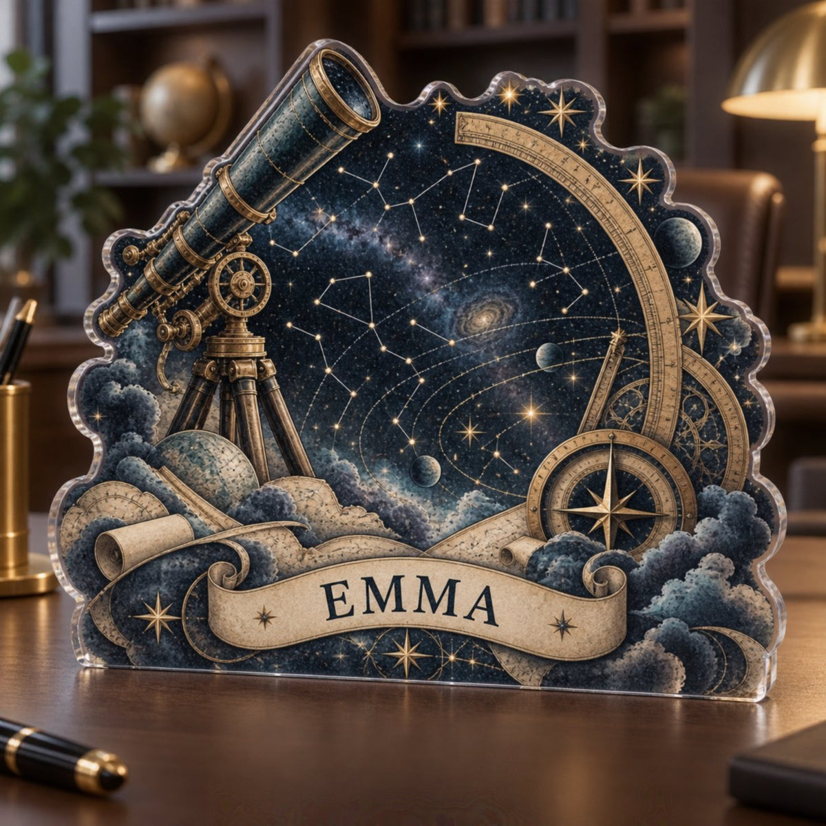 Personalized Constellation Map Home Office Backdrop custom shape acrylic plaque with an example name set into the artwork, digital preview