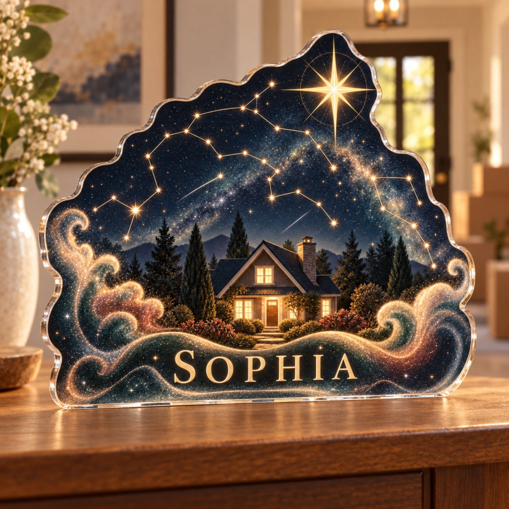 Personalized Constellation Map Housewarming custom shape acrylic plaque with an example name set into the artwork, digital preview