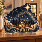 Personalized Constellation Map Housewarming custom shape acrylic plaque with an example name set into the artwork, digital preview