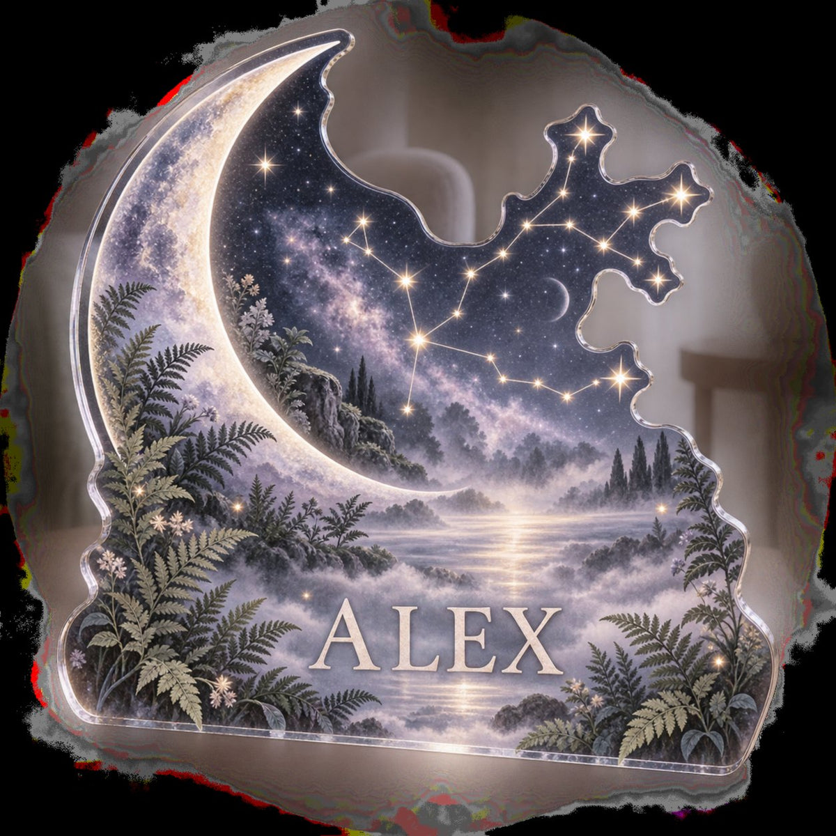Personalized Constellation Map Quiet Corner Decoration custom shape acrylic plaque with an example name set into the artwork, digital preview