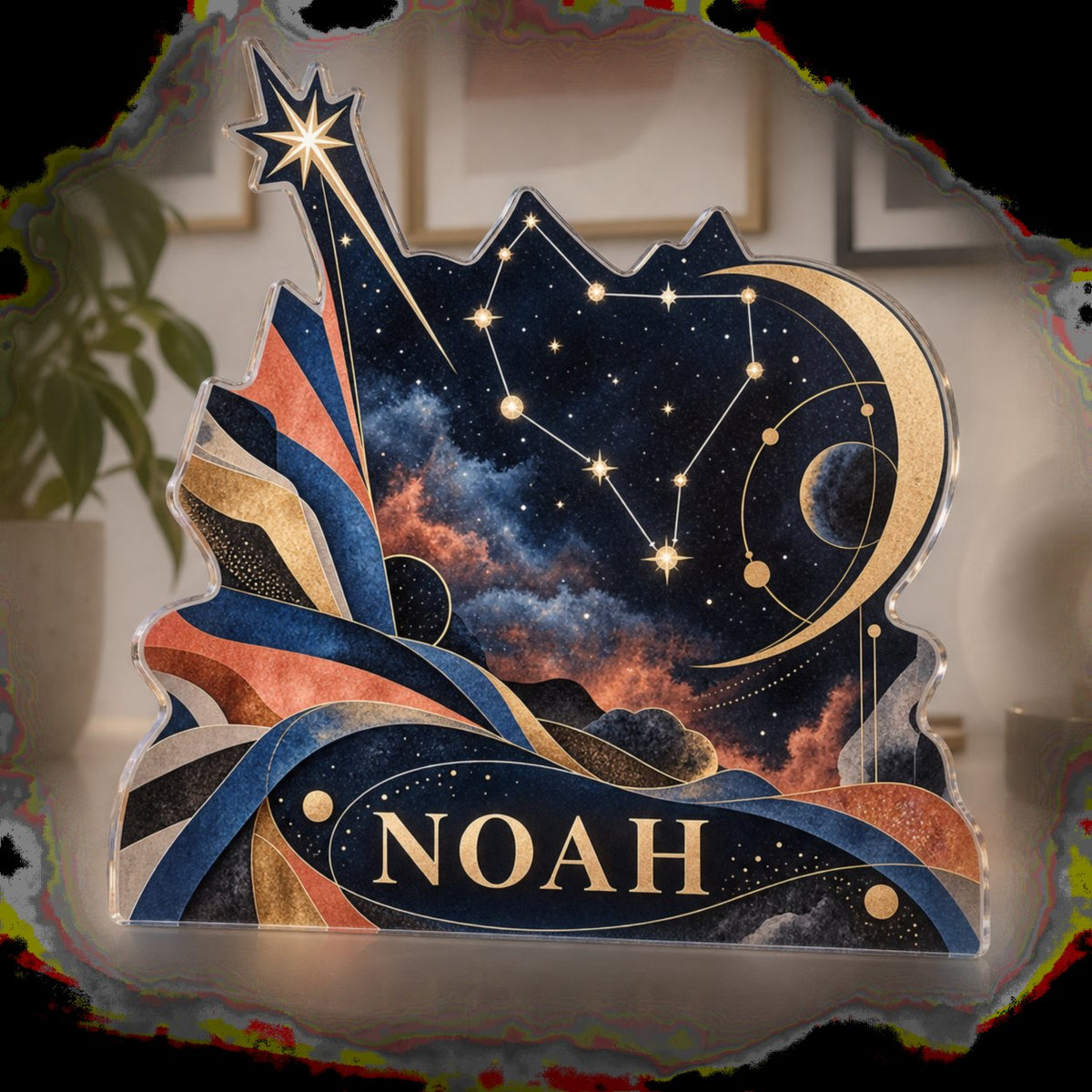 Personalized Constellation Map Apartment Gallery Wall custom shape acrylic plaque with an example name set into the artwork, digital preview