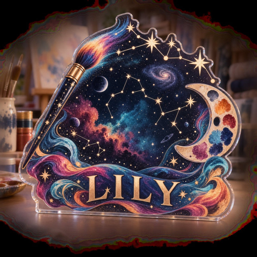 Personalized Constellation Map Hobby Studio Identity custom shape acrylic plaque with an example name set into the artwork, digital preview