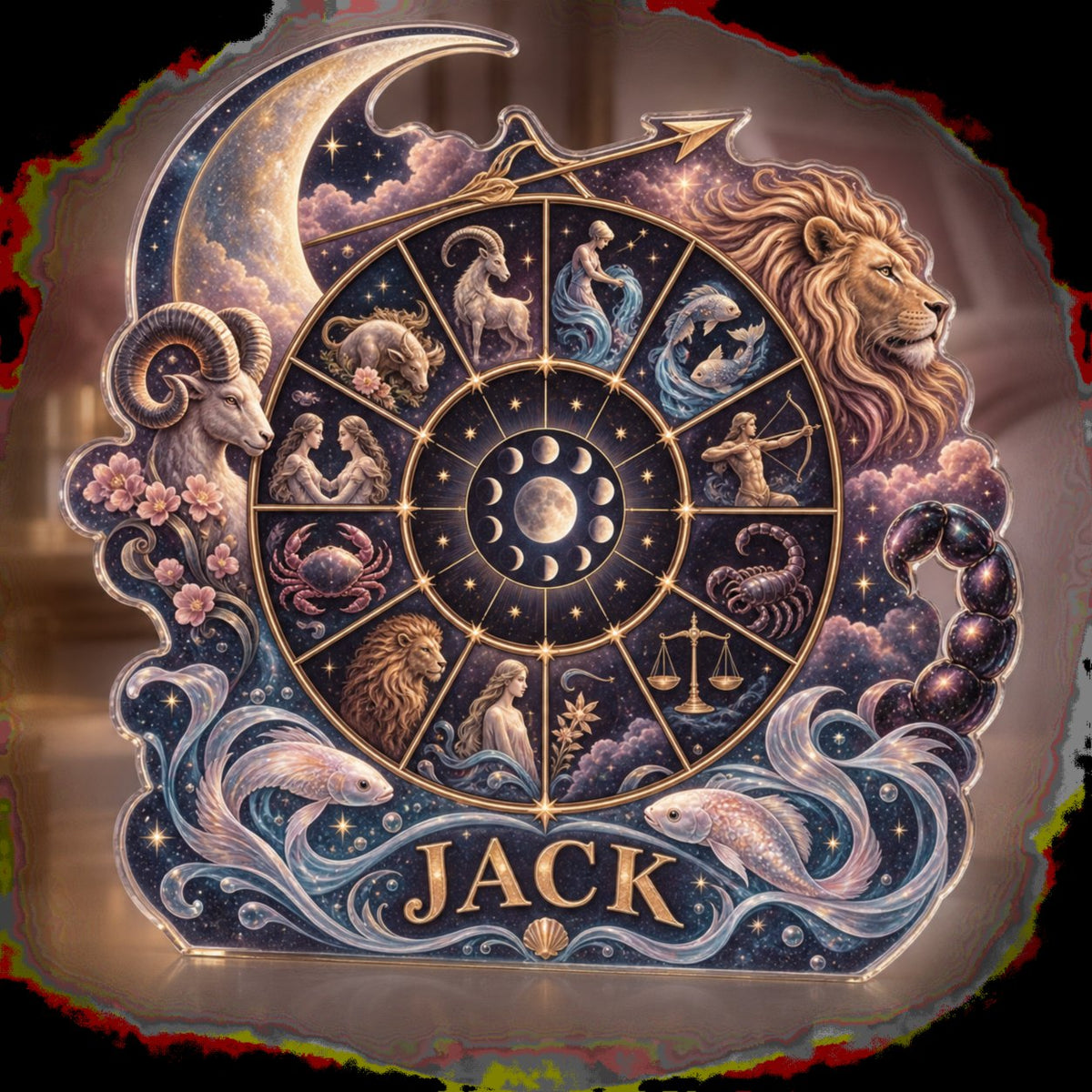 Personalized Zodiac Wheel Bedroom Statement Decor custom shape acrylic plaque with an example name set into the artwork, digital preview