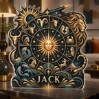 Personalized Zodiac Wheel Living Room Focal Point custom shape acrylic plaque with an example name set into the artwork, digital preview