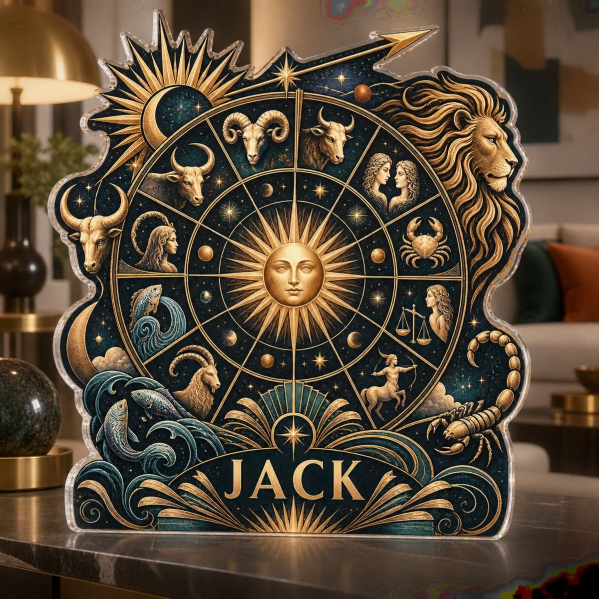 Personalized Zodiac Wheel Living Room Focal Point custom shape acrylic plaque with an example name set into the artwork, digital preview