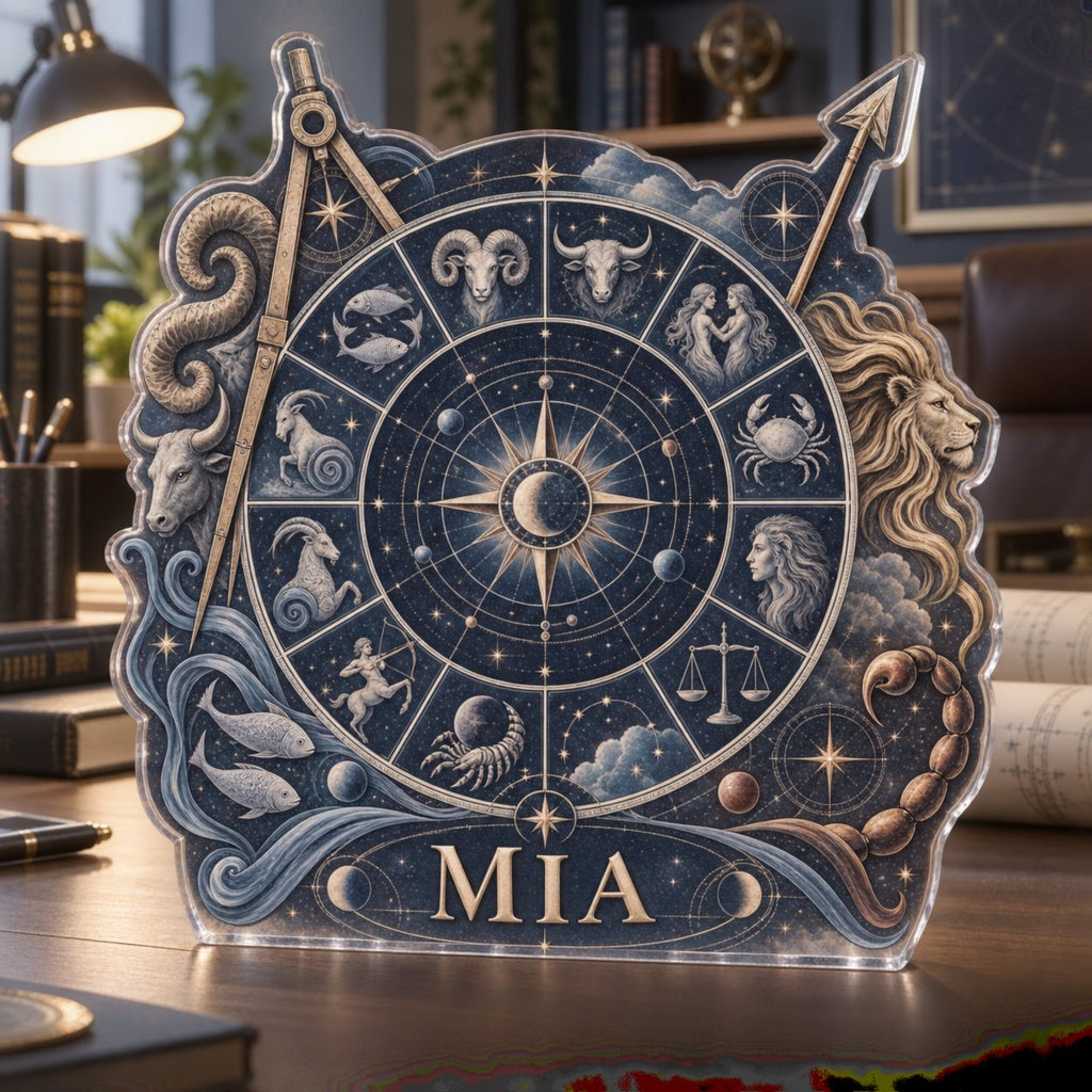 Personalized Zodiac Wheel Home Office Backdrop custom shape acrylic plaque with an example name set into the artwork, digital preview