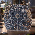 Personalized Zodiac Wheel Home Office Backdrop custom shape acrylic plaque with an example name set into the artwork, digital preview